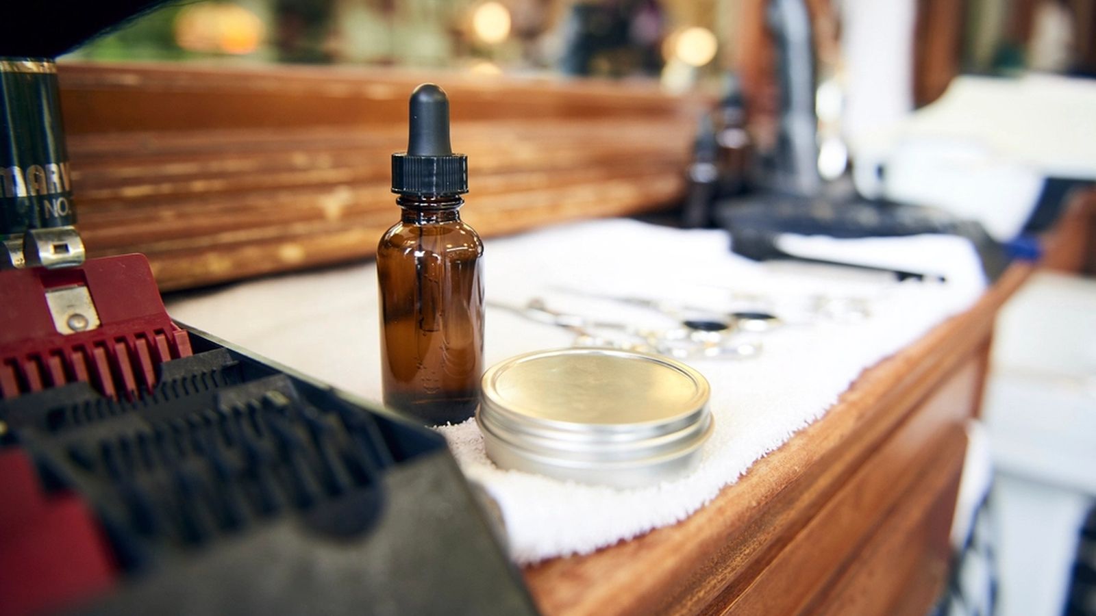 Scissors and combs on a salon counter