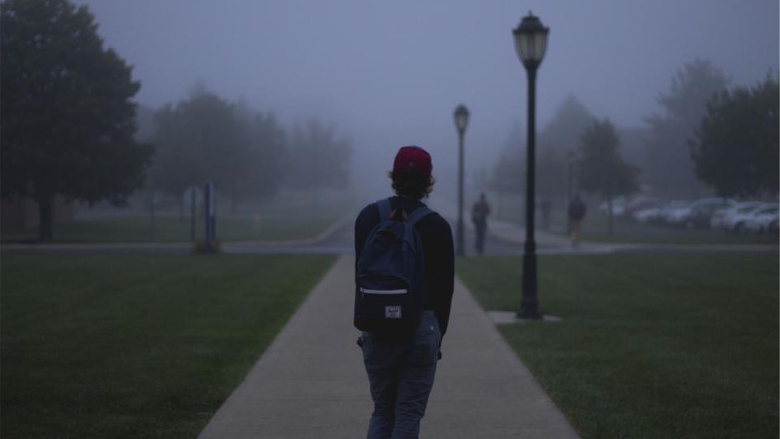 A figure walking along a foggy park path
